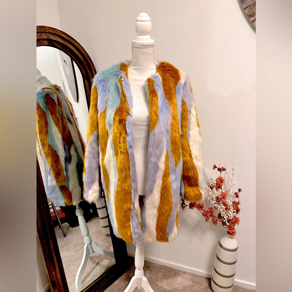 F21 Multi Color Faux Fur Coat - Size S